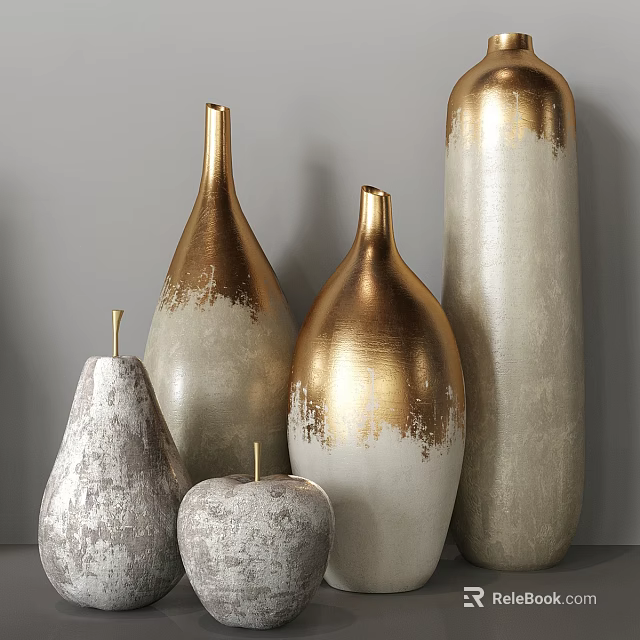 Gold and White Ceramic Decorative Ornament Set with Various Shapes and Textured Finishes 3d model 