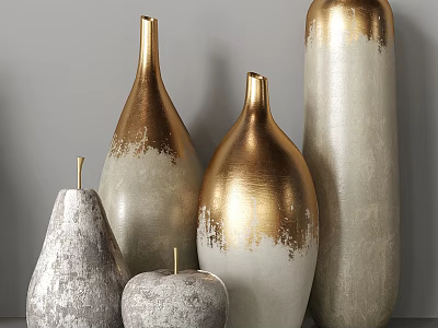 Gold and White Ceramic Decorative Ornament Set with Various Shapes and Textured Finishes 3d model