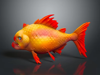 Vibrant Orange And Red Fish With Sharp Teeth Cartoon Style On Dark Background With Reflection 3d model