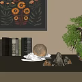 Graceful Bonsai Tree in Clay Pot with Small Rocks Moon Lamp and Books on Shelf