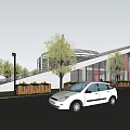 Modern Circular Building With Green Roof Surrounded by Trees Cars and Pedestrians