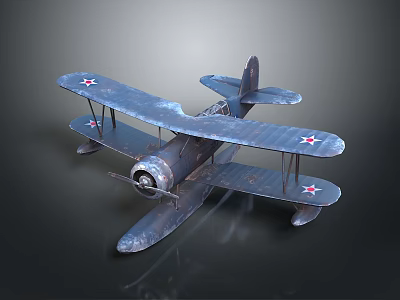 Vintage Biplane Airplane With Red Star On Wings And Metallic Finish 3d model