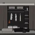 Modern Walk in Closet with Dark Wooden Cabinets Open Shelves Hanging Clothes and Storage Boxes