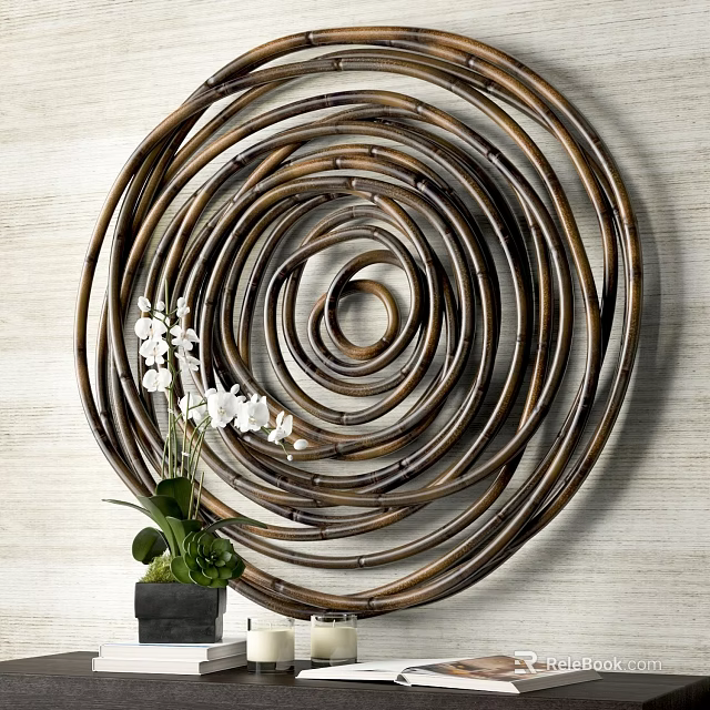 Brown Bamboo Spiral Wall Decor with White Orchid Plant on Wall 3d model 