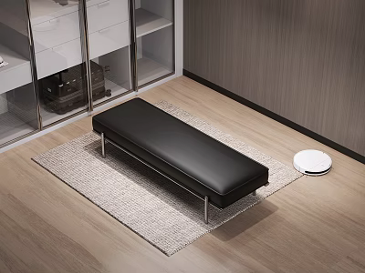 Black Leather Single Seater Sofa on Light Gray Rug Wooden Floor with White Robot Vacuum 3d model