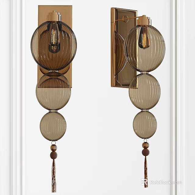 Modern Brown Striped Glass Spherical Wall Lamps With Metal Frame And Tassel Decoration 3d model 
