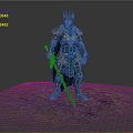 Man In Elaborate Mythical Armor Standing With Ornate Helmet Cloak Green Sword On Colorful Ground