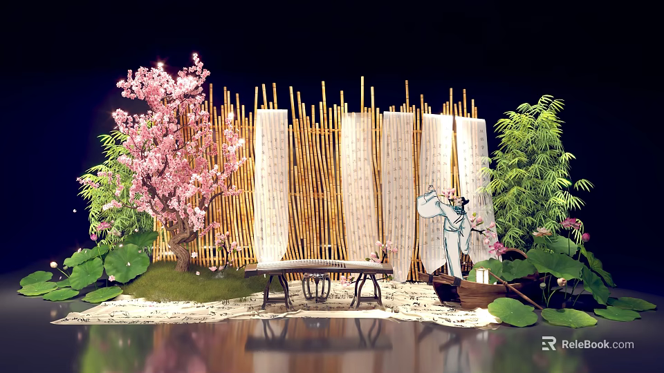 Scenic Photo Spot with Pink Cherry Blossom Tree Bamboo Screen with Scrolls and Figure Silhouette 3d model