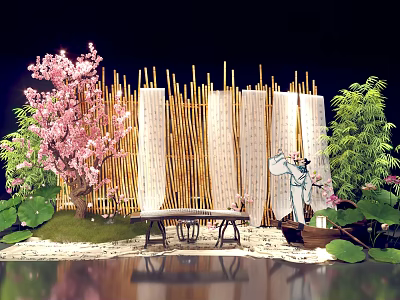 Scenic Photo Spot with Pink Cherry Blossom Tree Bamboo Screen with Scrolls and Figure Silhouette 3d model