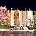 Scenic Photo Spot with Pink Cherry Blossom Tree Bamboo Screen with Scrolls and Figure Silhouette 3d model