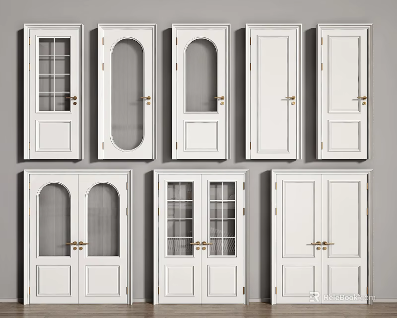 White Hinged Doors Featuring Single And Double Panel With Glass Window Designs For Interior 3d model