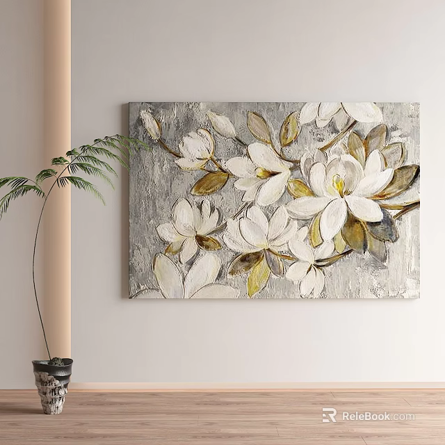 White Floral Canvas Painting with Green Leaves and Potted Plant on Wall 3d model 