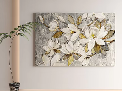 White Floral Canvas Painting with Green Leaves and Potted Plant on Wall 3d model