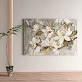 White Floral Canvas Painting with Green Leaves and Potted Plant on Wall