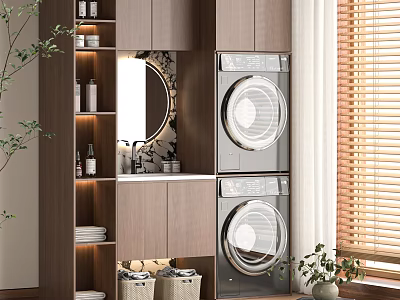 Practical Balcony Cabinet Design With Wooden Storage Shelves And Built in Washing Machine 3d model