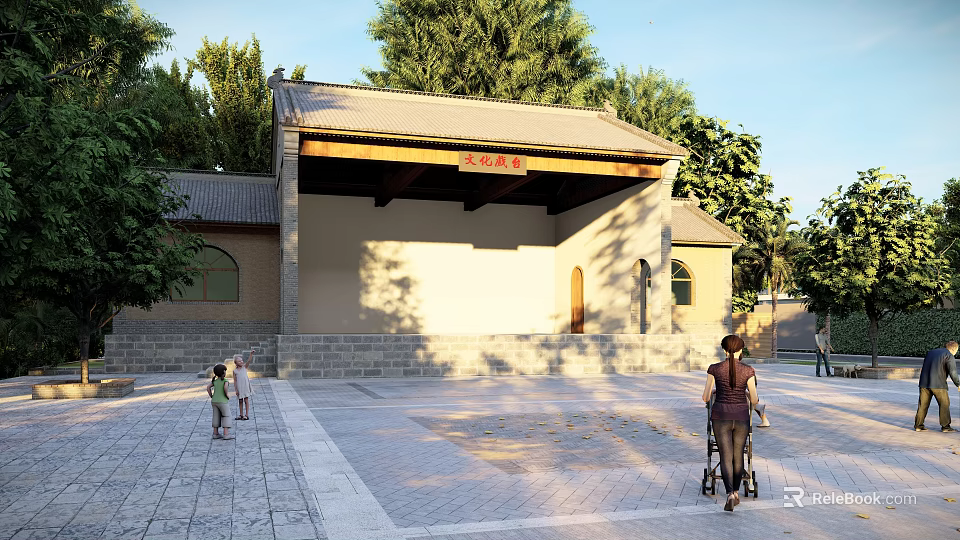 Ancient Traditional Building With Classic Roof Red Plaque Stone Square And People Around 3d model 