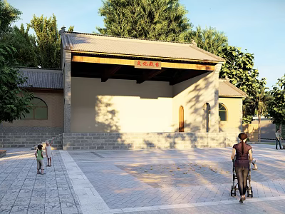 Ancient Traditional Building With Classic Roof Red Plaque Stone Square And People Around 3d model