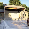 Ancient Traditional Building With Classic Roof Red Plaque Stone Square And People Around
