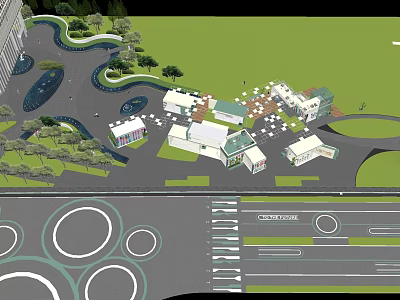 Modern Commercial Street With Green Landscaping Pedestrian Walkways And Buildings 3d model