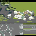 Modern Commercial Street With Green Landscaping Pedestrian Walkways And Buildings