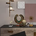 Modern Entryway Console Cabinet With Decorative Vase Sculpture And Wall Art