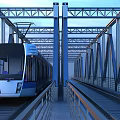 Modern Metal Truss Bridge Over Blue Water With Passing Light Rail Train