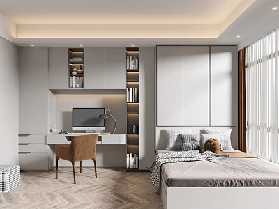 Modern Tatami Bedroom Interior With Desk Wardrobe Gray Wooden Floor Window Pillows And Stuffed Toy 3d model