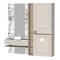 Modern Bathroom Vanity With White Cabinet Drawers Wooden Shelves And Soft Lighting