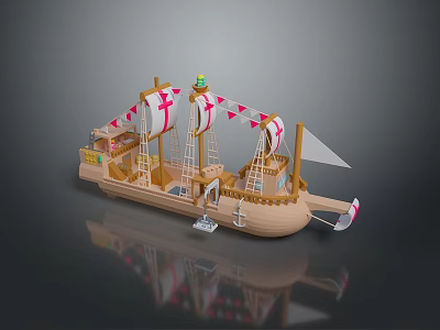 Colorful Wooden Toy Ship Model With White Sails Red Flags And Deck Details 3d model