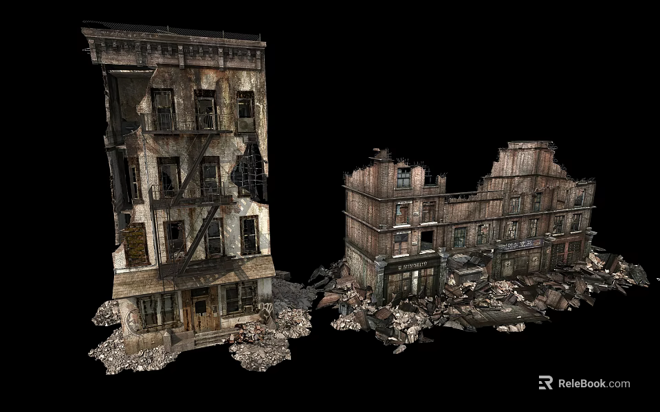 Dilapidated Building Components With Broken Walls Damaged Windows And Rubble 3d model 