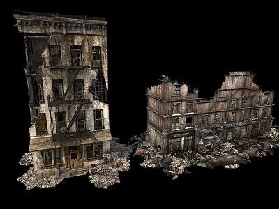 Dilapidated Building Components With Broken Walls Damaged Windows And Rubble 3d model
