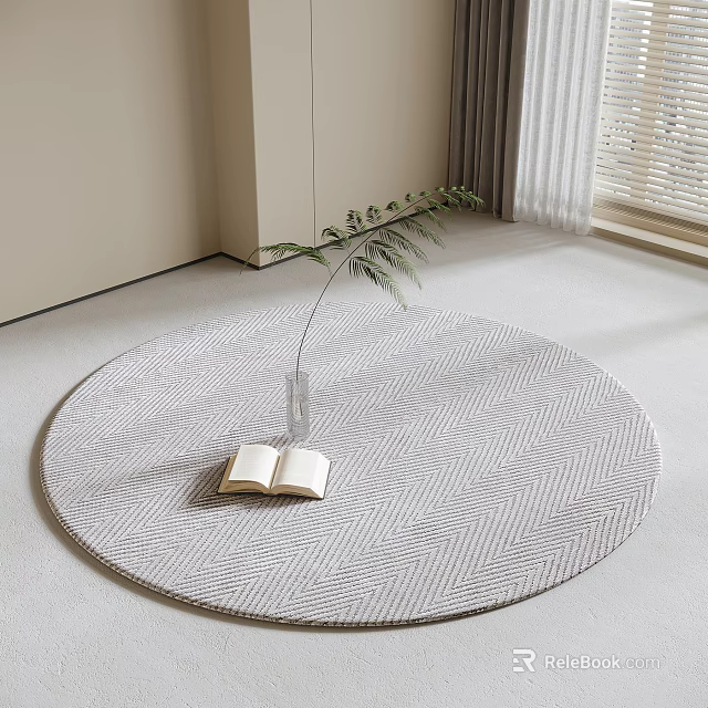 Round Herringbone Pattern Carpet With Open Book And Vase In Minimalist Interior 3d model