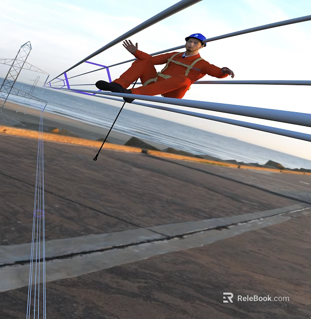 Man Sitting on Metal Pole Wearing Orange Outfit by Ocean Beach with Distant Mountains Sunset 3d model 