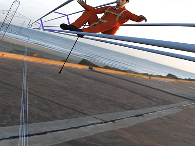 Man Sitting on Metal Pole Wearing Orange Outfit by Ocean Beach with Distant Mountains Sunset 3d model