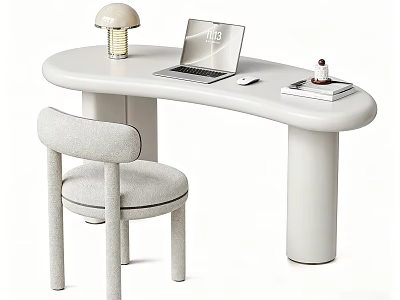 Modern Curved White Desk and Gray Chair Set with Laptop Table Lamp Books and Mouse 3d model