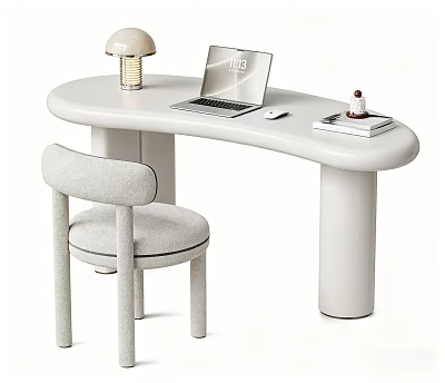 Modern Curved White Desk and Gray Chair Set with Laptop Table Lamp Books and Mouse 3d model