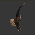 Red Dinosaur Model With Green And Black Patterns Standing On Rock Open Mouth