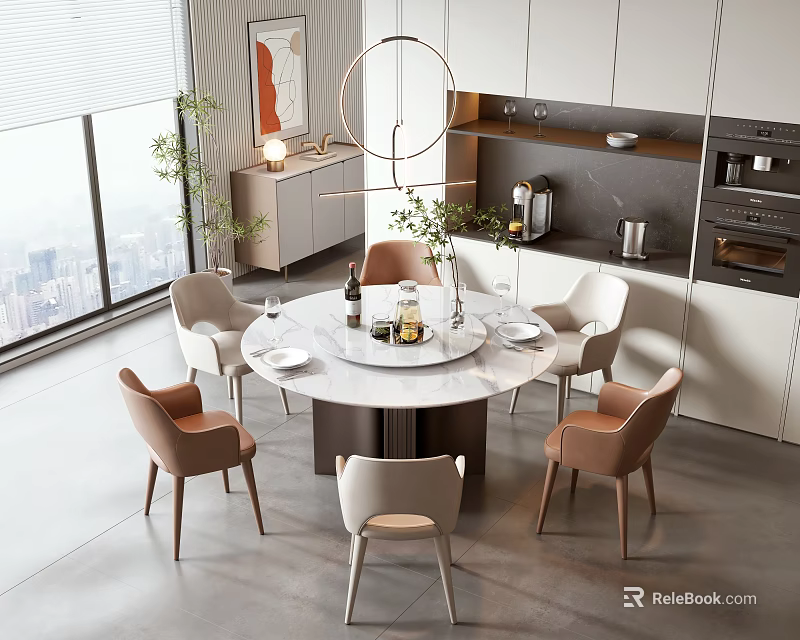 Modern Kitchen Interior With Round White Dining Table And Light Brown White Chairs Combination 3d model