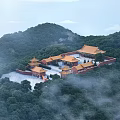 Ancient Architectural Complex on Lush Mountain With Yellow Roofs and Misty Forest 3d model