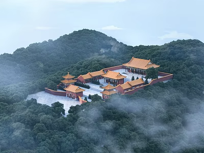 Ancient Architectural Complex on Lush Mountain With Yellow Roofs and Misty Forest 3d model