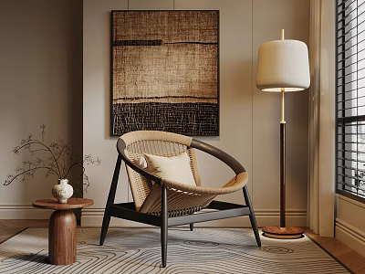 Wicker Armchair With Floor Lamp And Woven Wall Art In Cozy Living Space 3d model