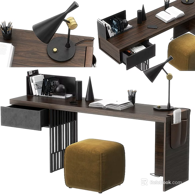 Modern Wooden Desk With Black Table Lamp Books Drawer And Yellow Stool 3d model 