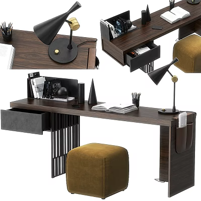 Modern Wooden Desk With Black Table Lamp Books Drawer And Yellow Stool 3d model