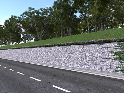 Roadside Stone Wall With Grass And Flowers On Top Surrounded By Trees 3d model