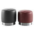 Round Leather Ottoman Stools in Black and Red with Silver Metal Base