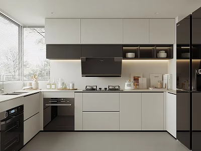 Modern Kitchen With White And Black Cabinets Island And Natural Light 3d model