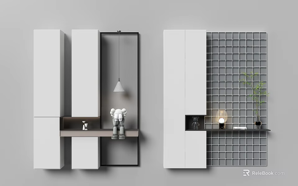 Modern White Room Divider With Storage Cabinets Grid Design Decorative Shelves And Plants 3d model 