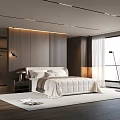 Modern Bedroom Interior With Double Bed Wooden Headboard Wall Nightstand And Floor To Ceiling Window