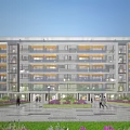 Modern Residential Building with Glass Windows Balconies Greenery Trees and Pedestrians