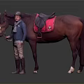 Man Leading Brown Horse With Red Saddle Wearing Blue Jacket And Brown Pants